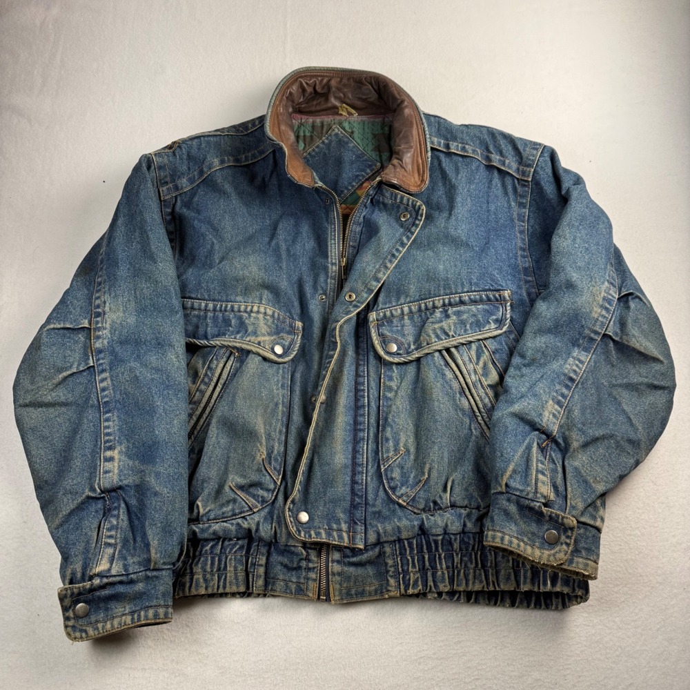 Vintage Denim Bomber Jacket Leather Collar Quilted Aztec Lining Blue Mens XL